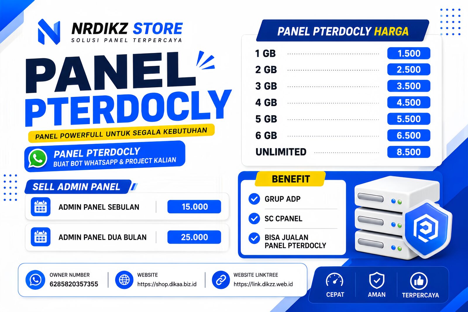 Daftar harga Panel Pterodocly NRDIKZ STORE, mulai 1GB Rp1.500 sampai Unlimited Rp8.500, plus paket Admin Panel reseller
